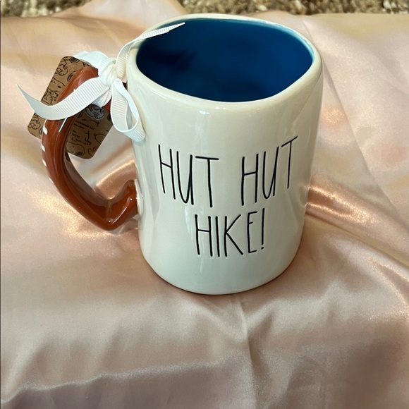 NWT Rae Dunn PeanutsWhite Mug w/Blue Interior  Brown Handle - 'Hut Hut Hike!' - Picture 1 of 7
